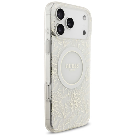 Pouzdro MagSafe pro Apple iPhone 17 Pro Max, Guess, IML Flowers Allover Electroplated with Pearl Strap, Bílá