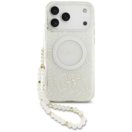 Pouzdro MagSafe pro Apple iPhone 17 Pro Max, Guess, IML Flowers Allover Electroplated with Pearl Strap, Bílá