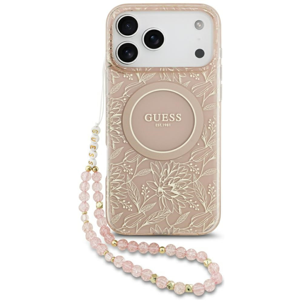 Pouzdro MagSafe pro Apple iPhone 17 Pro Max, Guess, IML Flowers Allover Electroplated with Pearl Strap, Růžové