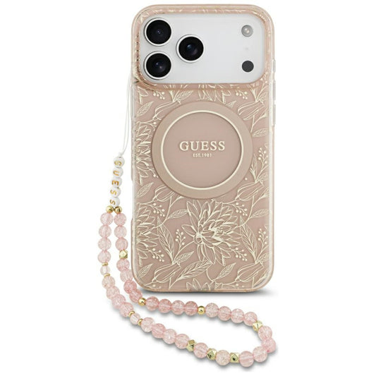 Pouzdro MagSafe pro Apple iPhone 17 Pro Max, Guess, IML Flowers Allover Electroplated with Pearl Strap, Růžové