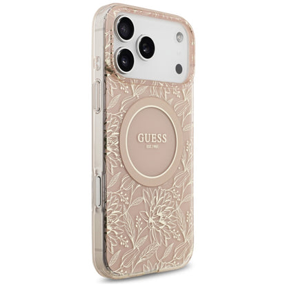 Pouzdro MagSafe pro Apple iPhone 17 Pro Max, Guess, IML Flowers Allover Electroplated with Pearl Strap, Růžové