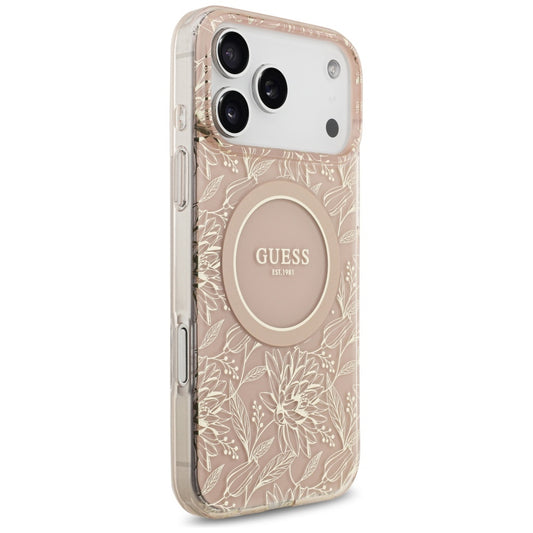 Pouzdro MagSafe pro Apple iPhone 17 Pro Max, Guess, IML Flowers Allover Electroplated with Pearl Strap, Růžové