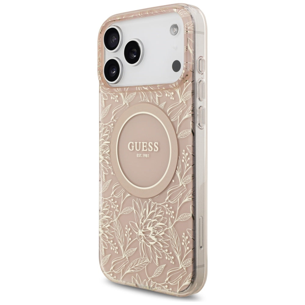 Pouzdro MagSafe pro Apple iPhone 17 Pro Max, Guess, IML Flowers Allover Electroplated with Pearl Strap, Růžové