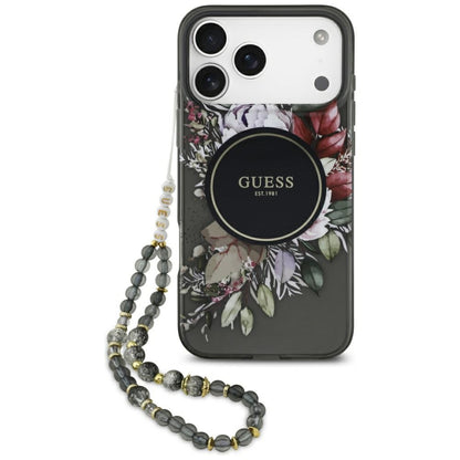 Pouzdro MagSafe pro Apple iPhone 17 Pro Max, Guess, IML Flowers with Pearl Strap, Černá