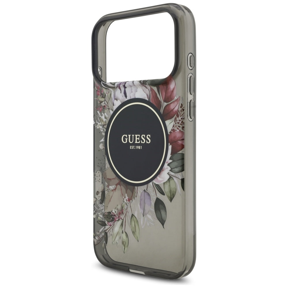 Pouzdro MagSafe pro Apple iPhone 17 Pro Max, Guess, IML Flowers with Pearl Strap, Černá