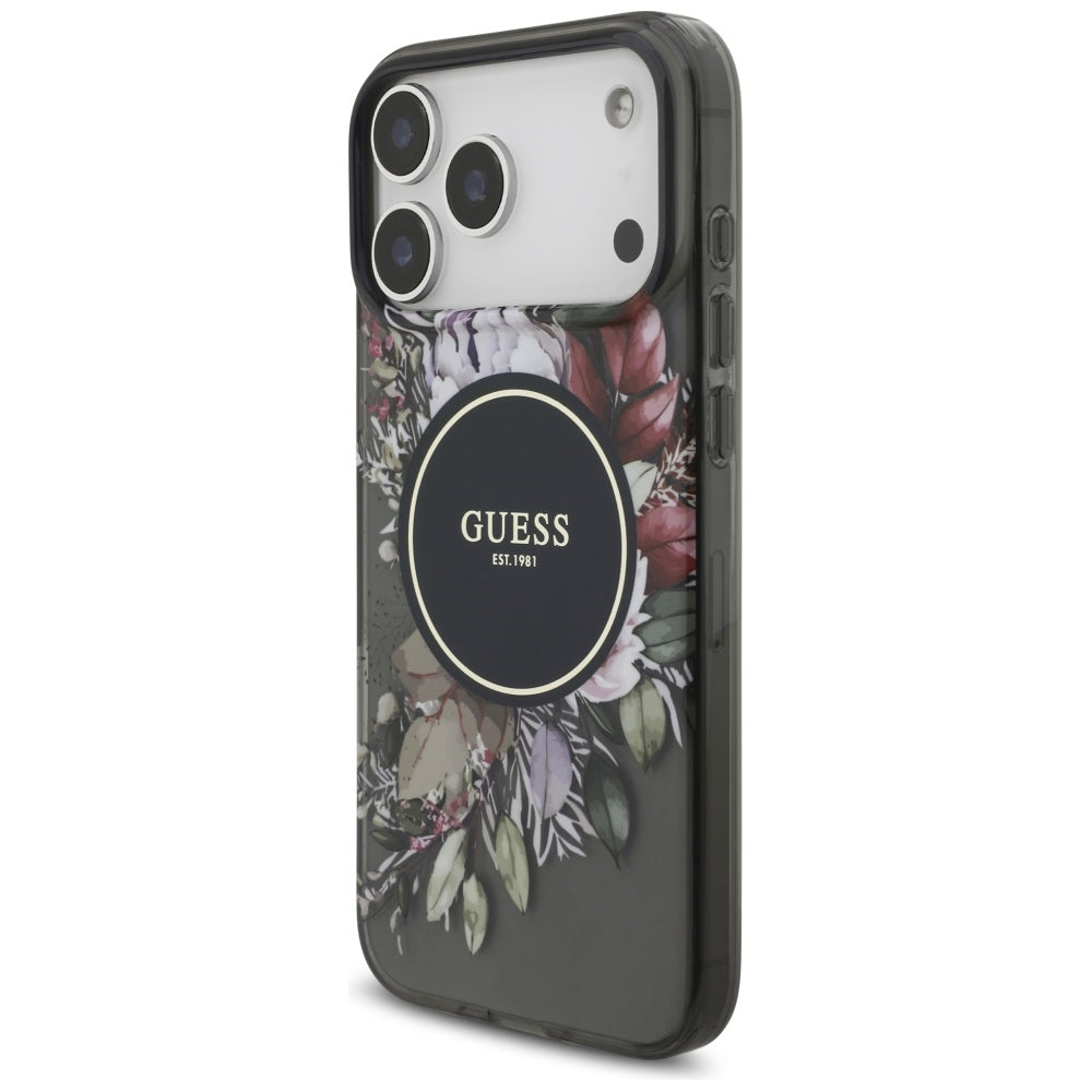 Pouzdro MagSafe pro Apple iPhone 17 Pro Max, Guess, IML Flowers with Pearl Strap, Černá
