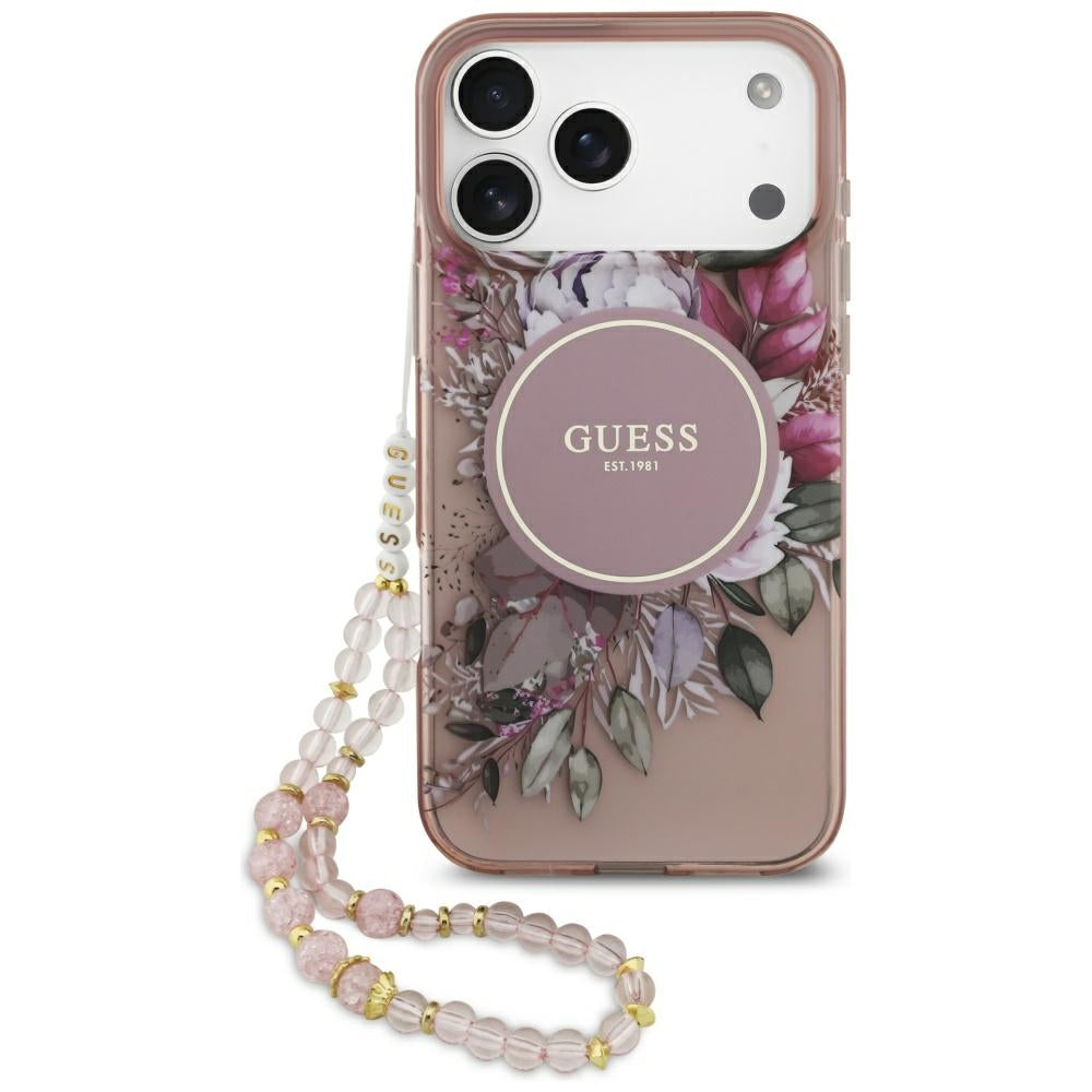 Pouzdro MagSafe pro Apple iPhone 17 Pro Max, Guess, IML Flowers with Pearl Strap, Růžové
