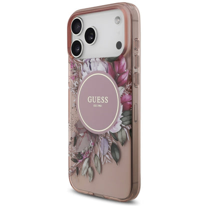 Pouzdro MagSafe pro Apple iPhone 17 Pro Max, Guess, IML Flowers with Pearl Strap, Růžové