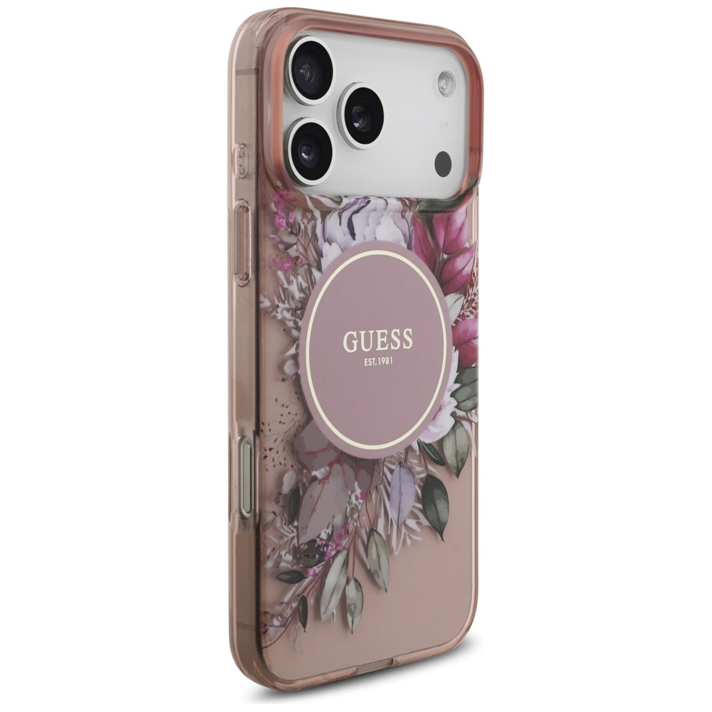 Pouzdro MagSafe pro Apple iPhone 17 Pro Max, Guess, IML Flowers with Pearl Strap, Růžové