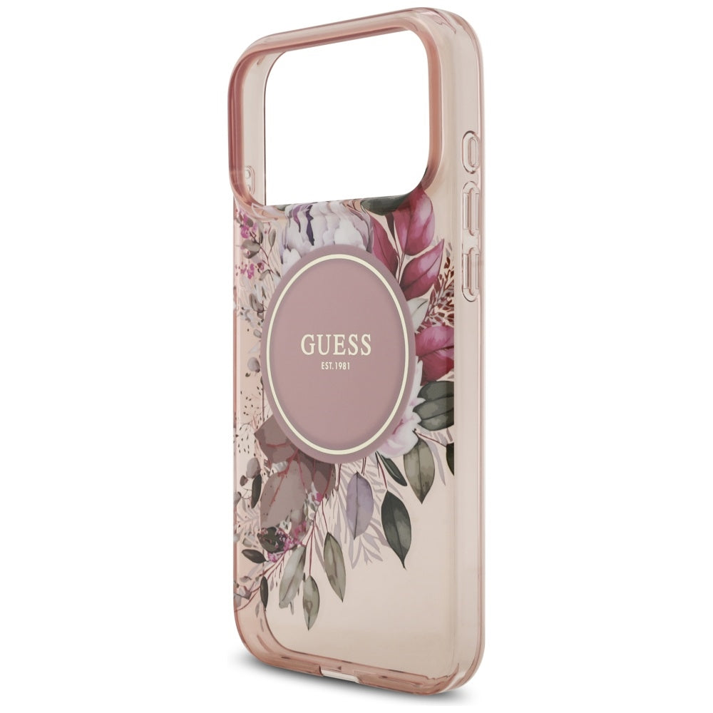Pouzdro MagSafe pro Apple iPhone 17 Pro Max, Guess, IML Flowers with Pearl Strap, Růžové