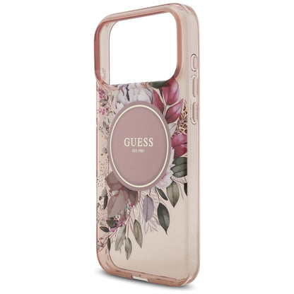 Pouzdro MagSafe pro Apple iPhone 17 Pro Max, Guess, IML Flowers with Pearl Strap, Růžové