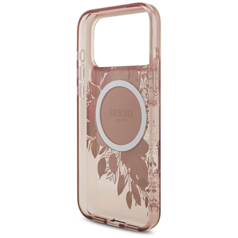 Pouzdro MagSafe pro Apple iPhone 17 Pro Max, Guess, IML Flowers with Pearl Strap, Růžové