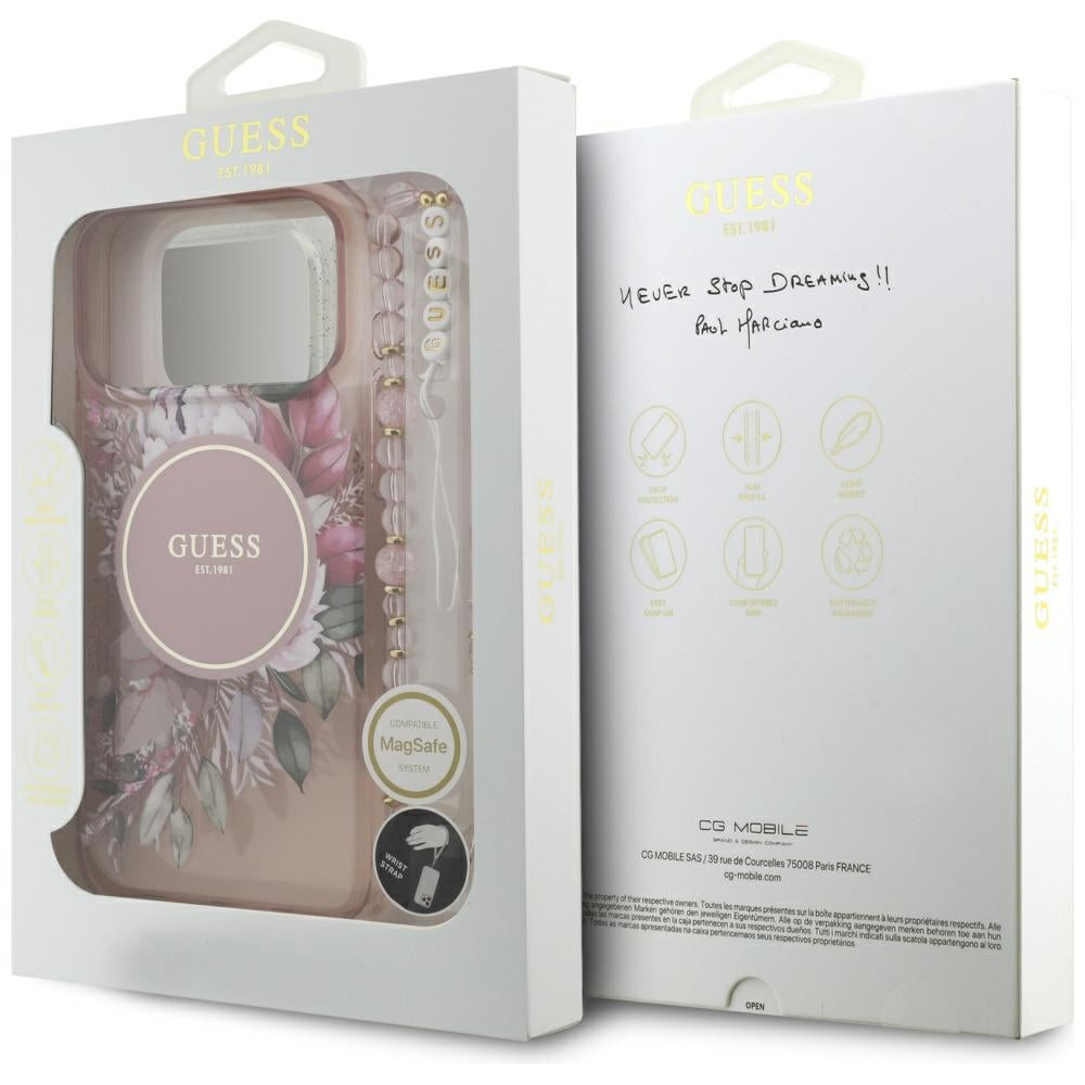 Pouzdro MagSafe pro Apple iPhone 17 Pro Max, Guess, IML Flowers with Pearl Strap, Růžové