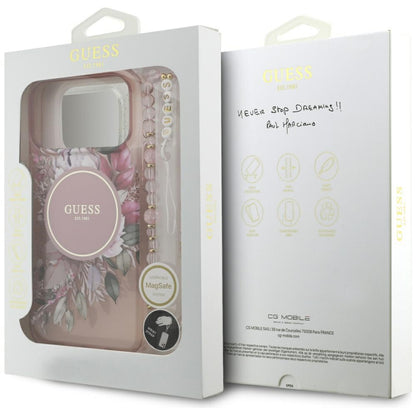 Pouzdro MagSafe pro Apple iPhone 17 Pro Max, Guess, IML Flowers with Pearl Strap, Růžové