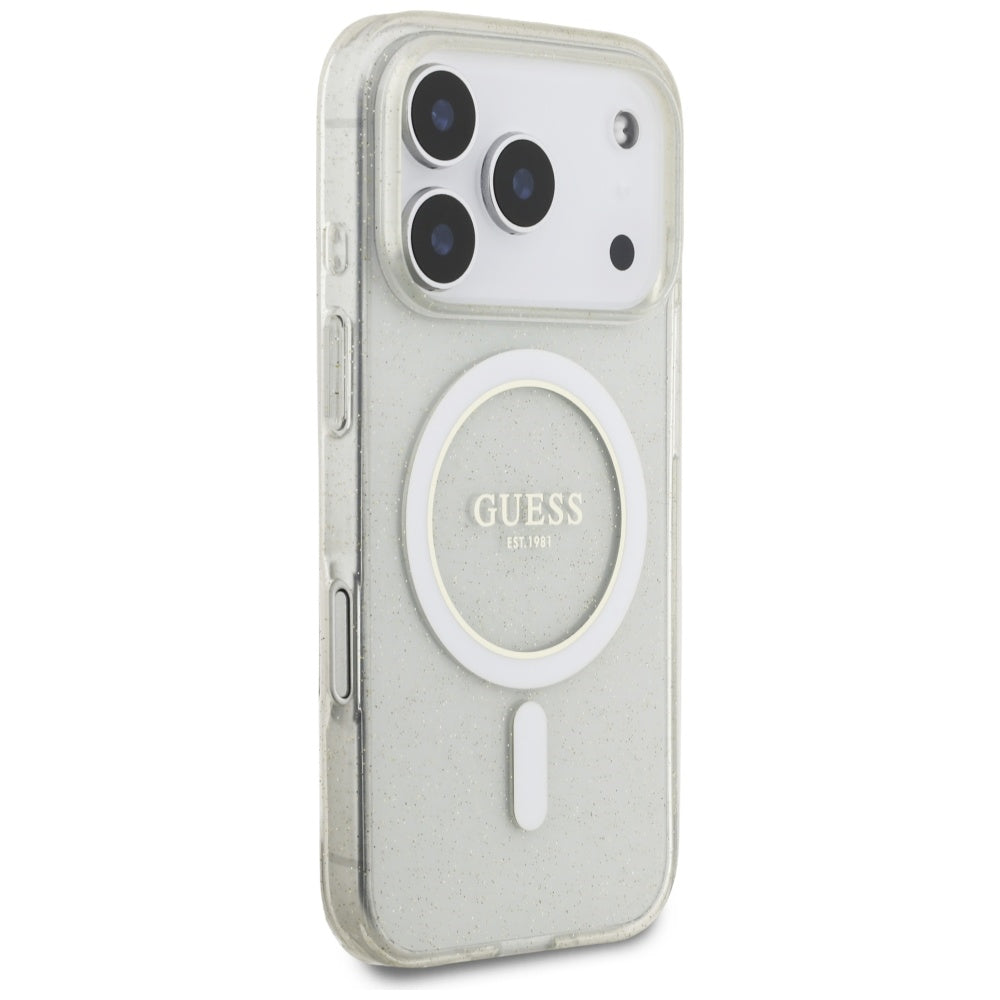 Pouzdro MagSafe pro Apple iPhone 17 Pro Max, Guess, IML Glitter with Pearl Strap, Transparentní