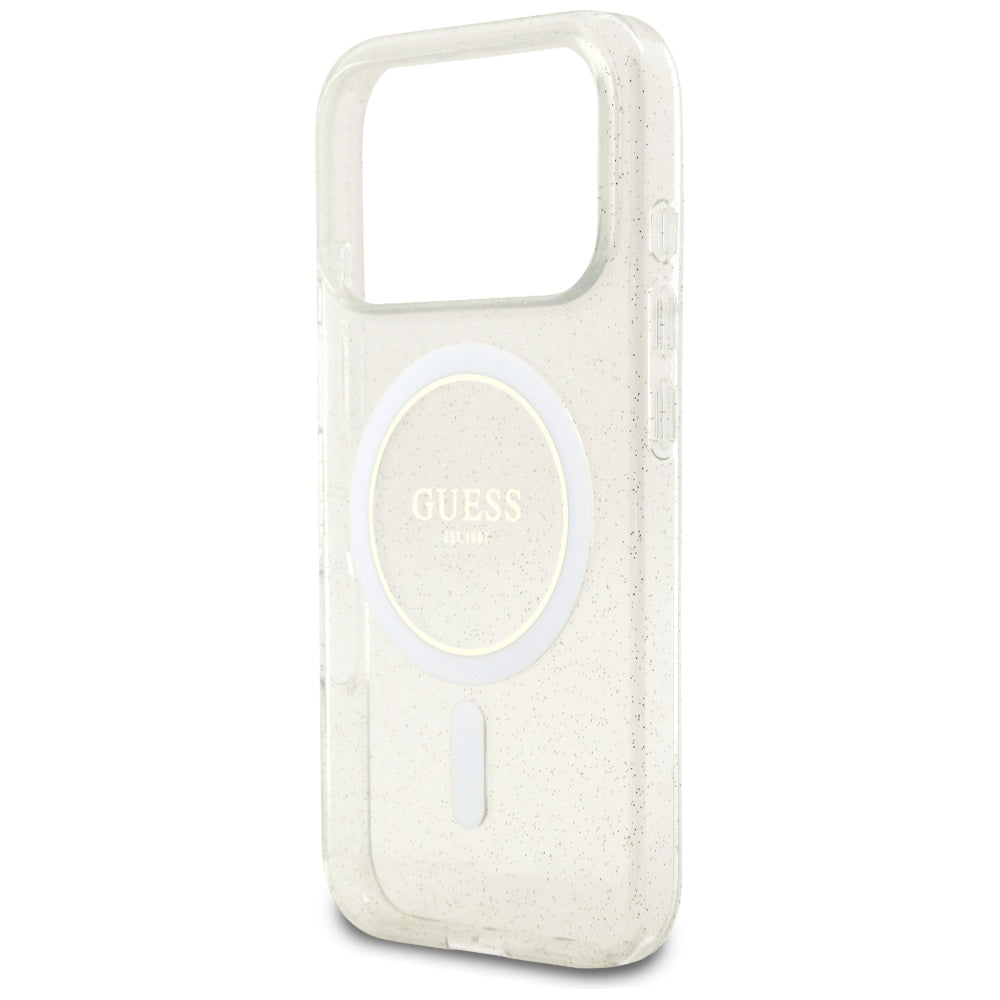 Pouzdro MagSafe pro Apple iPhone 17 Pro Max, Guess, IML Glitter with Pearl Strap, Transparentní