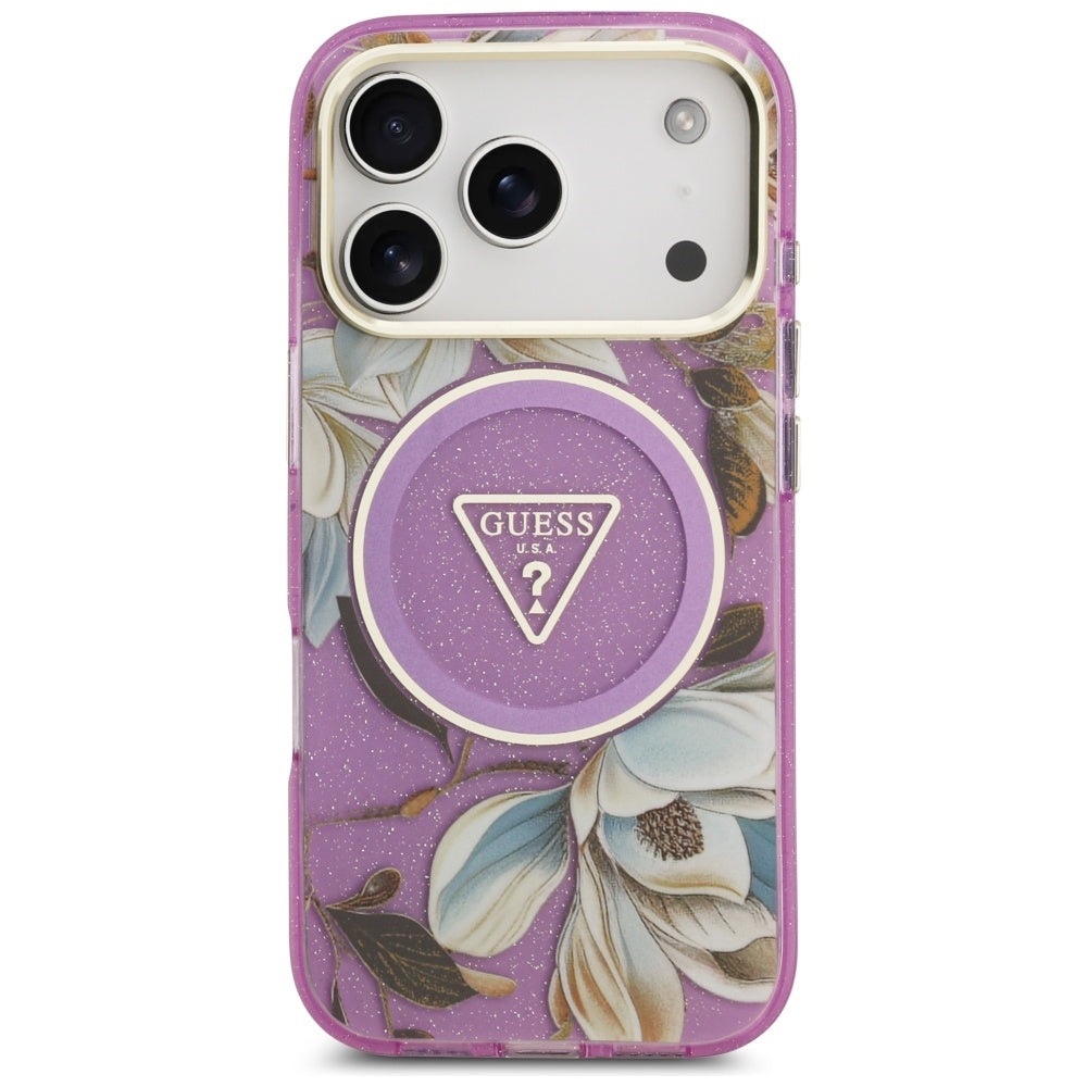 Pouzdro MagSafe pro Apple iPhone 17 Pro Max, Guess, IML Metal Glitter Flowers Triangle, Fialová