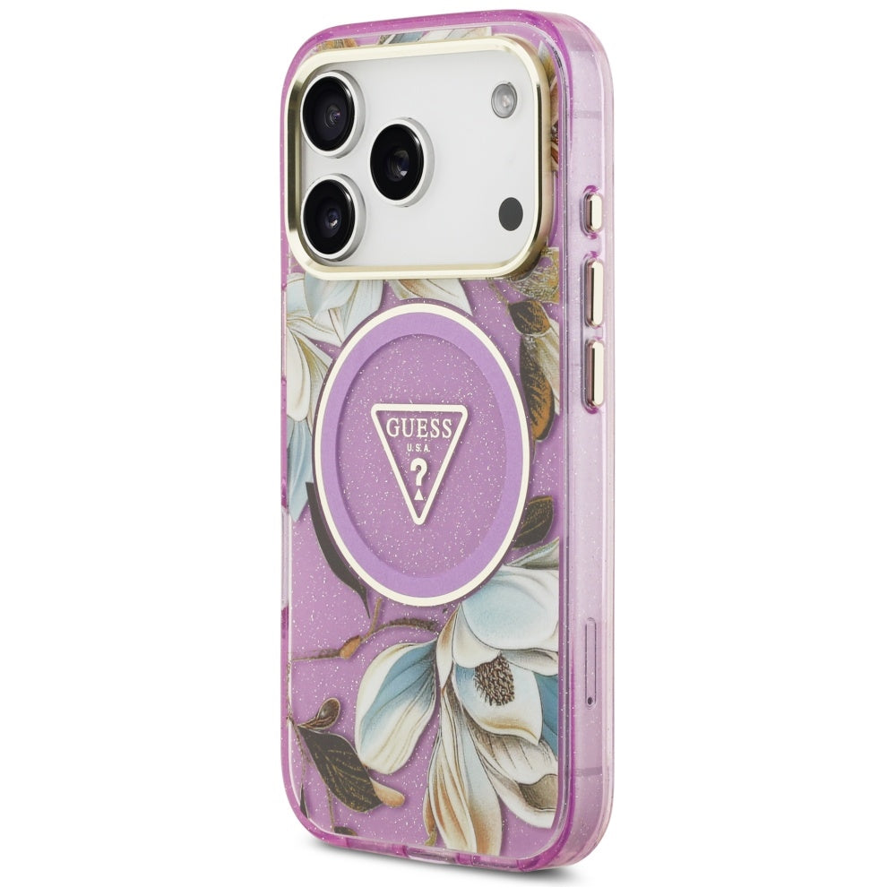 Pouzdro MagSafe pro Apple iPhone 17 Pro Max, Guess, IML Metal Glitter Flowers Triangle, Fialová