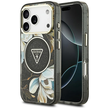 Pouzdro MagSafe pro Apple iPhone 17 Pro Max, Guess, IML Metal Glitter Flowers Triangle, Černá