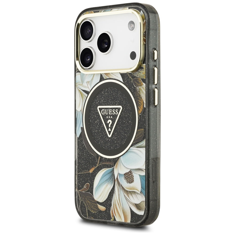 Pouzdro MagSafe pro Apple iPhone 17 Pro Max, Guess, IML Metal Glitter Flowers Triangle, Černá