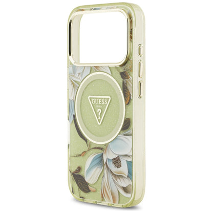 Pouzdro MagSafe pro Apple iPhone 17 Pro Max, Guess, IML Metal Glitter Flowers Triangle, Zelená