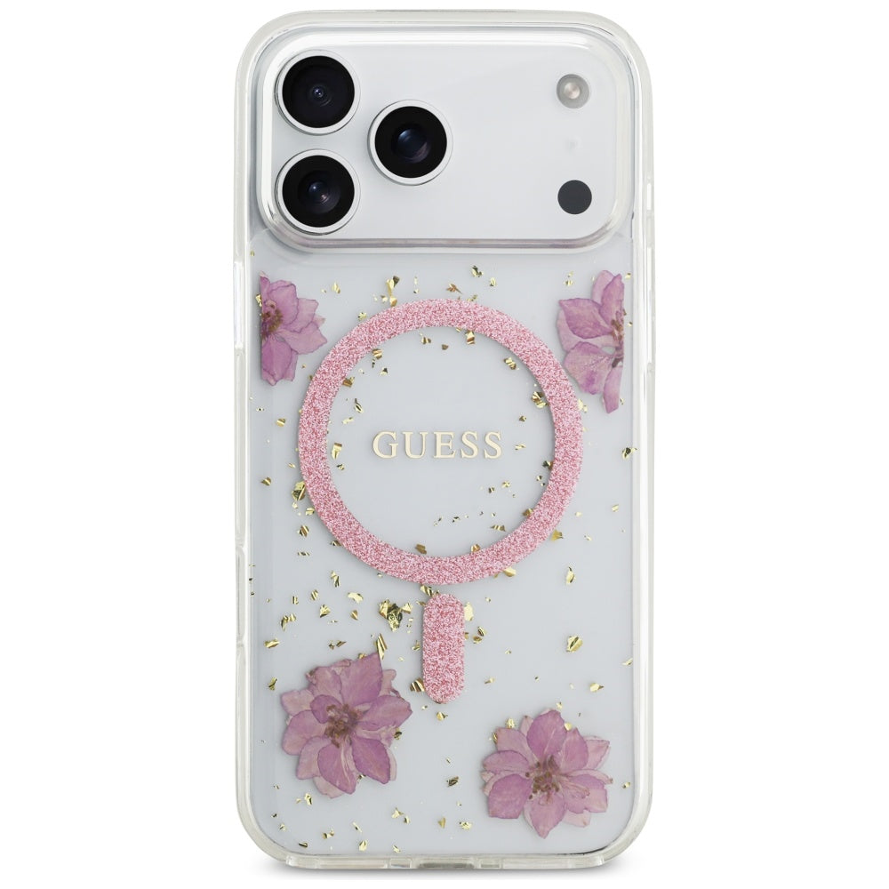 Pouzdro MagSafe pro Apple iPhone 17 Pro Max, Guess, Resin Flowers and Glitter, Růžová
