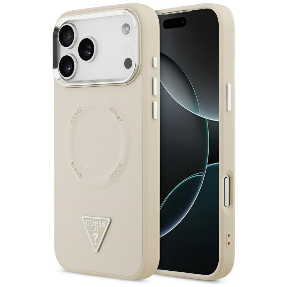 Pouzdro MagSafe pro Apple iPhone 17 Pro Max, Guess, Triangle Logo, Stříbrně béžová