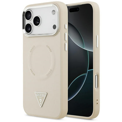 Pouzdro MagSafe pro Apple iPhone 17 Pro Max, Guess, Triangle Logo, Stříbrně béžová