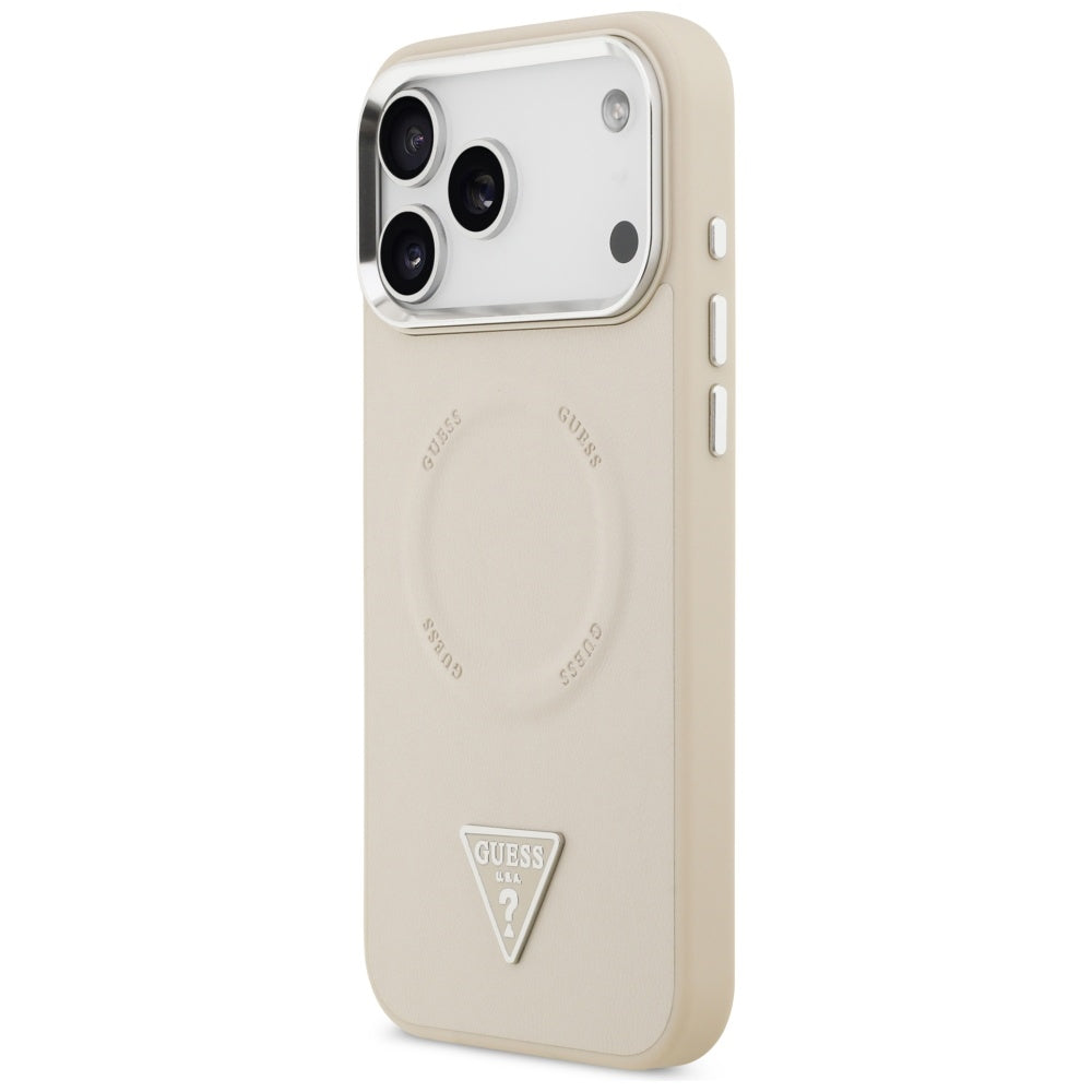 Pouzdro MagSafe pro Apple iPhone 17 Pro Max, Guess, Triangle Logo, Stříbrně béžová