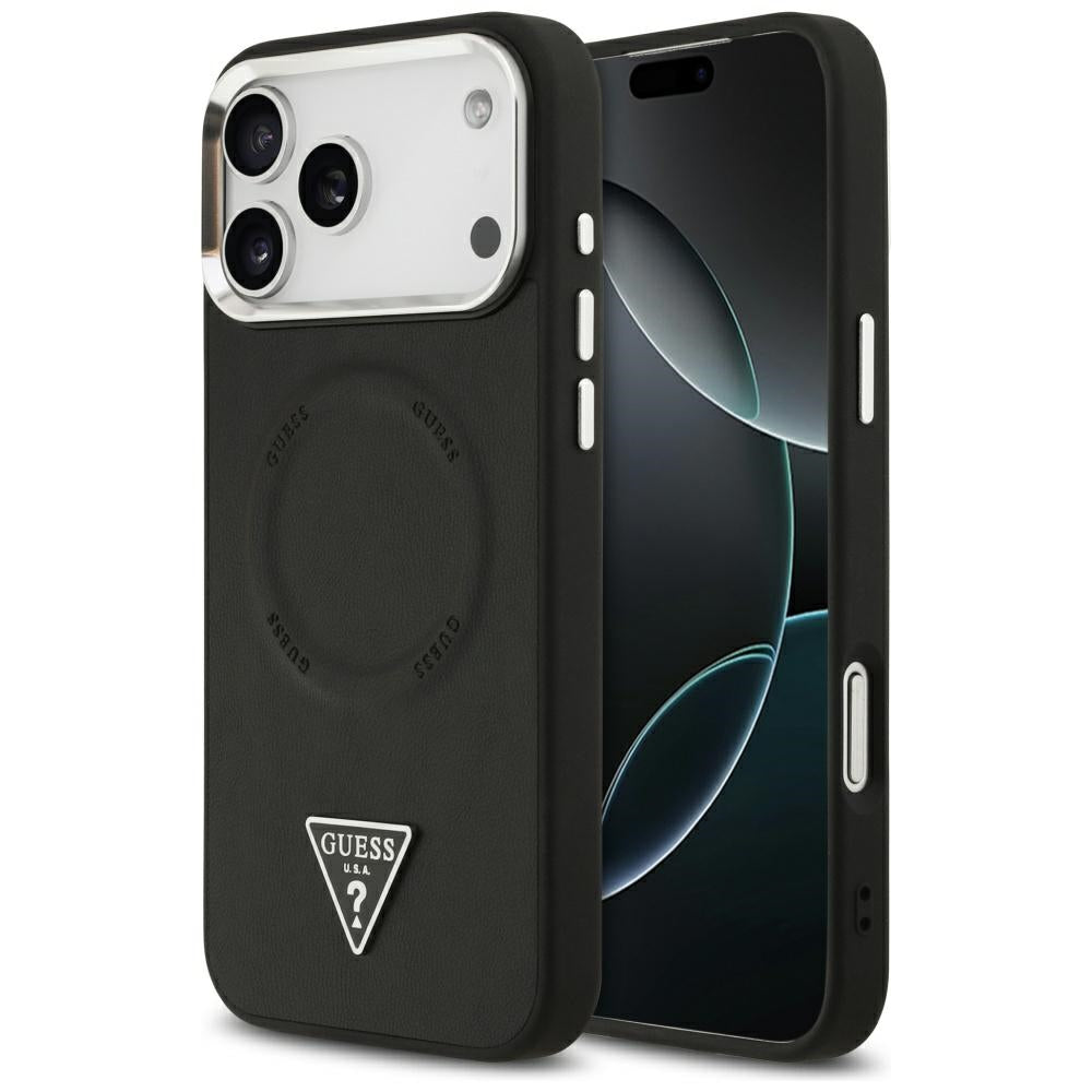 Pouzdro MagSafe pro Apple iPhone 17 Pro Max, Guess, Triangle Logo, Černé Stříbrné