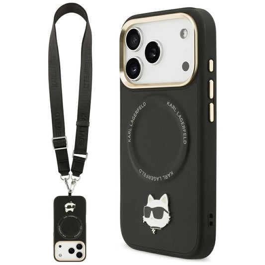 Pouzdro MagSafe pro Apple iPhone 17 Pro Max, Karl Lagerfeld, Big Strap Choupette Metal Logo, Černá