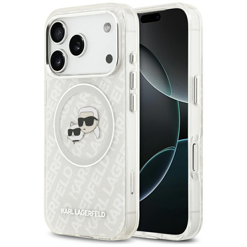 Pouzdro MagSafe pro Apple iPhone 17 Pro Max, Karl Lagerfeld, Glitter Karl & Choupette Head, Bílá