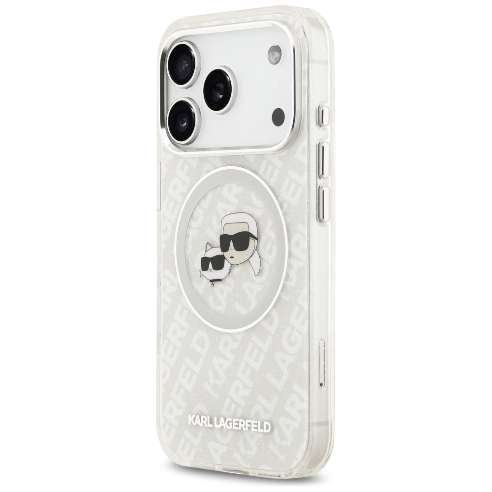 Pouzdro MagSafe pro Apple iPhone 17 Pro Max, Karl Lagerfeld, Glitter Karl & Choupette Head, Bílá