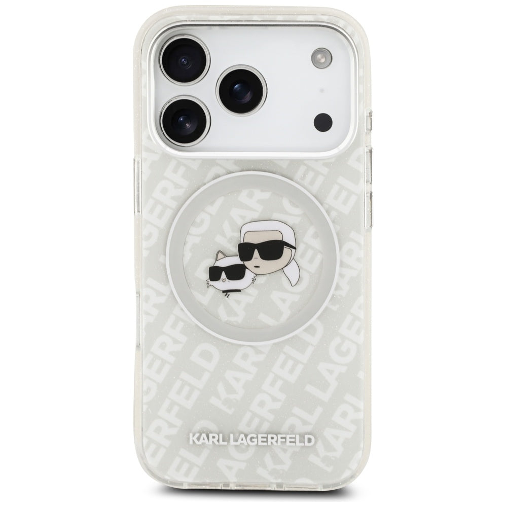 Pouzdro MagSafe pro Apple iPhone 17 Pro Max, Karl Lagerfeld, Glitter Karl & Choupette Head, Bílá
