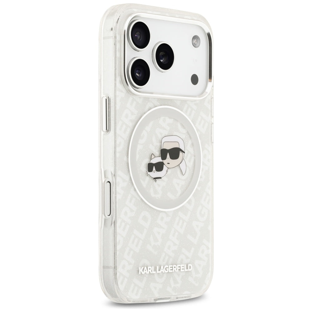 Pouzdro MagSafe pro Apple iPhone 17 Pro Max, Karl Lagerfeld, Glitter Karl & Choupette Head, Bílá