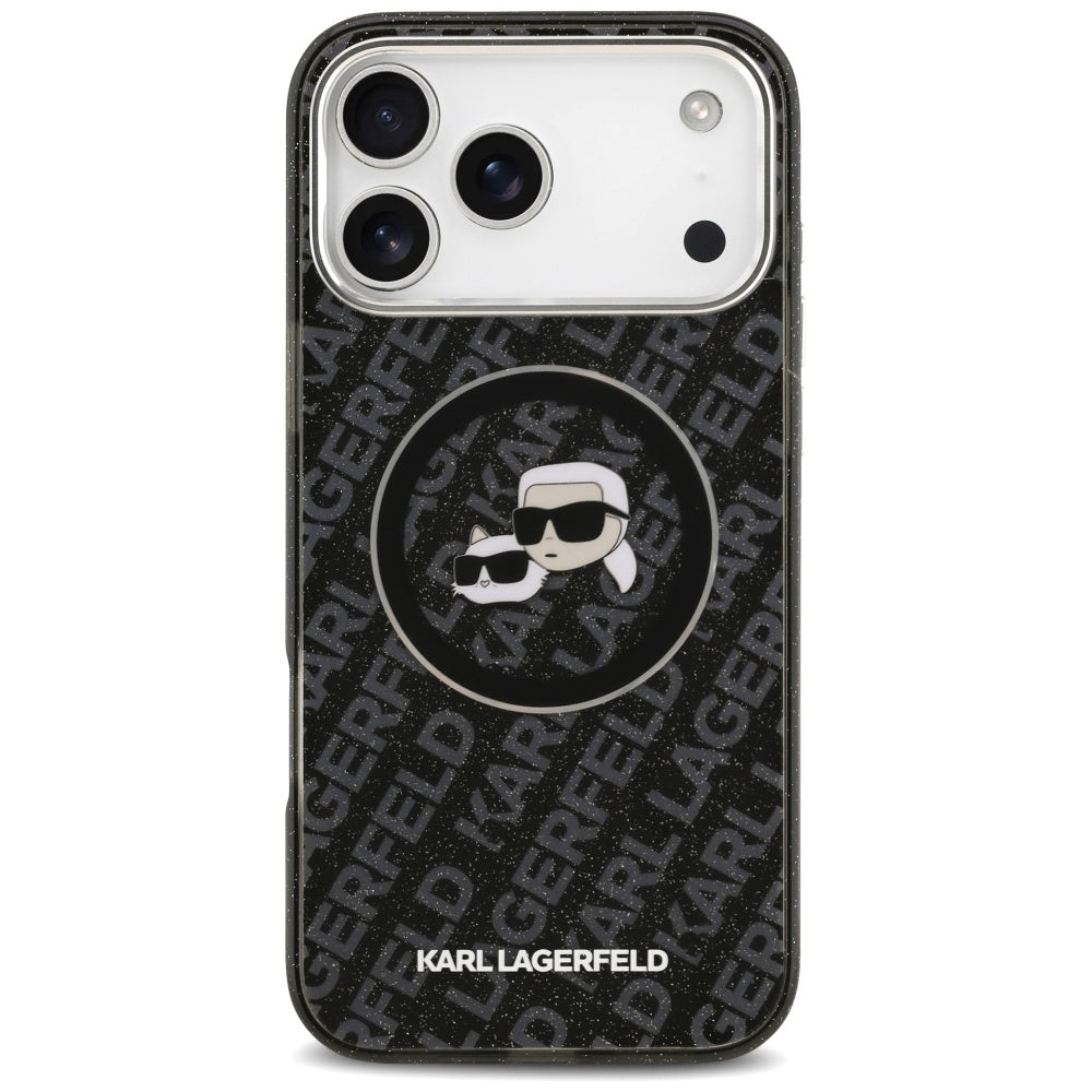 Pouzdro MagSafe pro Apple iPhone 17 Pro Max, Karl Lagerfeld, Glitter Karl & Choupette Head, Černá
