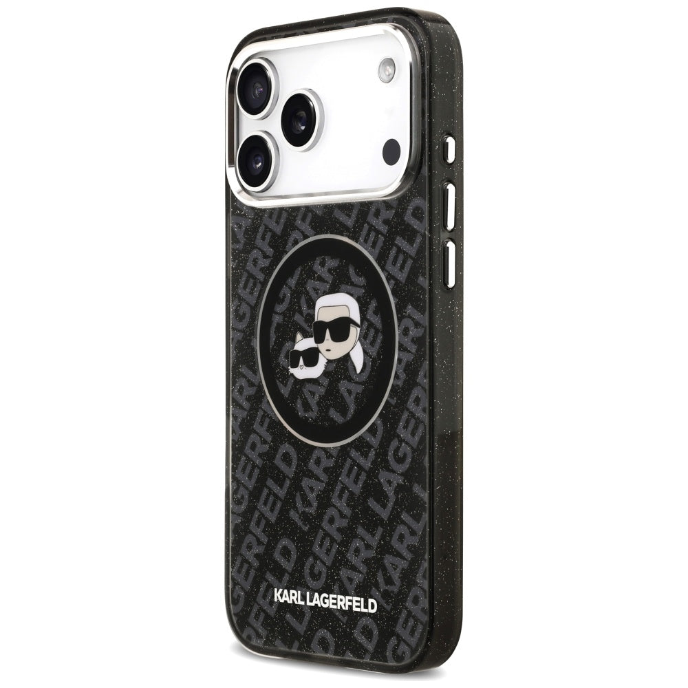 Pouzdro MagSafe pro Apple iPhone 17 Pro Max, Karl Lagerfeld, Glitter Karl & Choupette Head, Černá