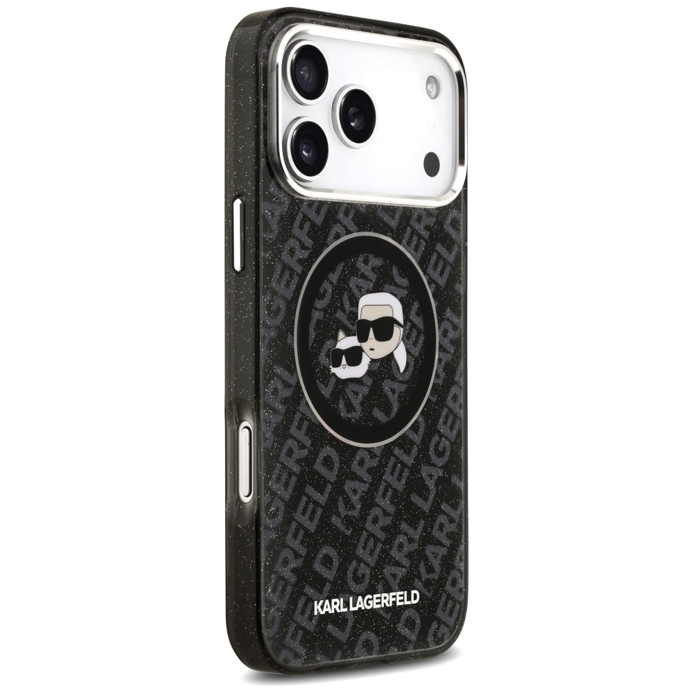 Pouzdro MagSafe pro Apple iPhone 17 Pro Max, Karl Lagerfeld, Glitter Karl & Choupette Head, Černá