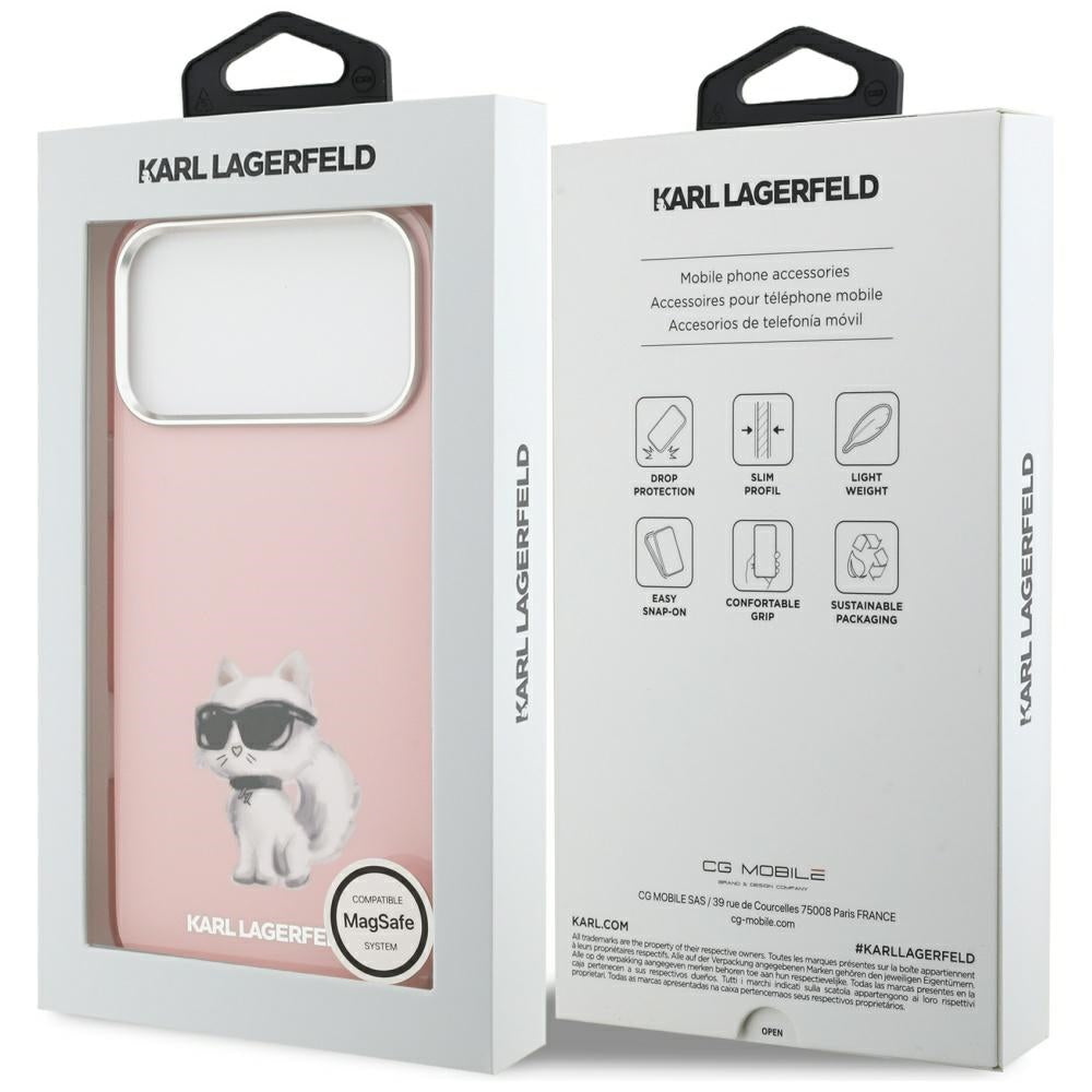 Pouzdro MagSafe pro Apple iPhone 17 Pro Max, Karl Lagerfeld, IML Aquarelle Logo Choupette, Růžová