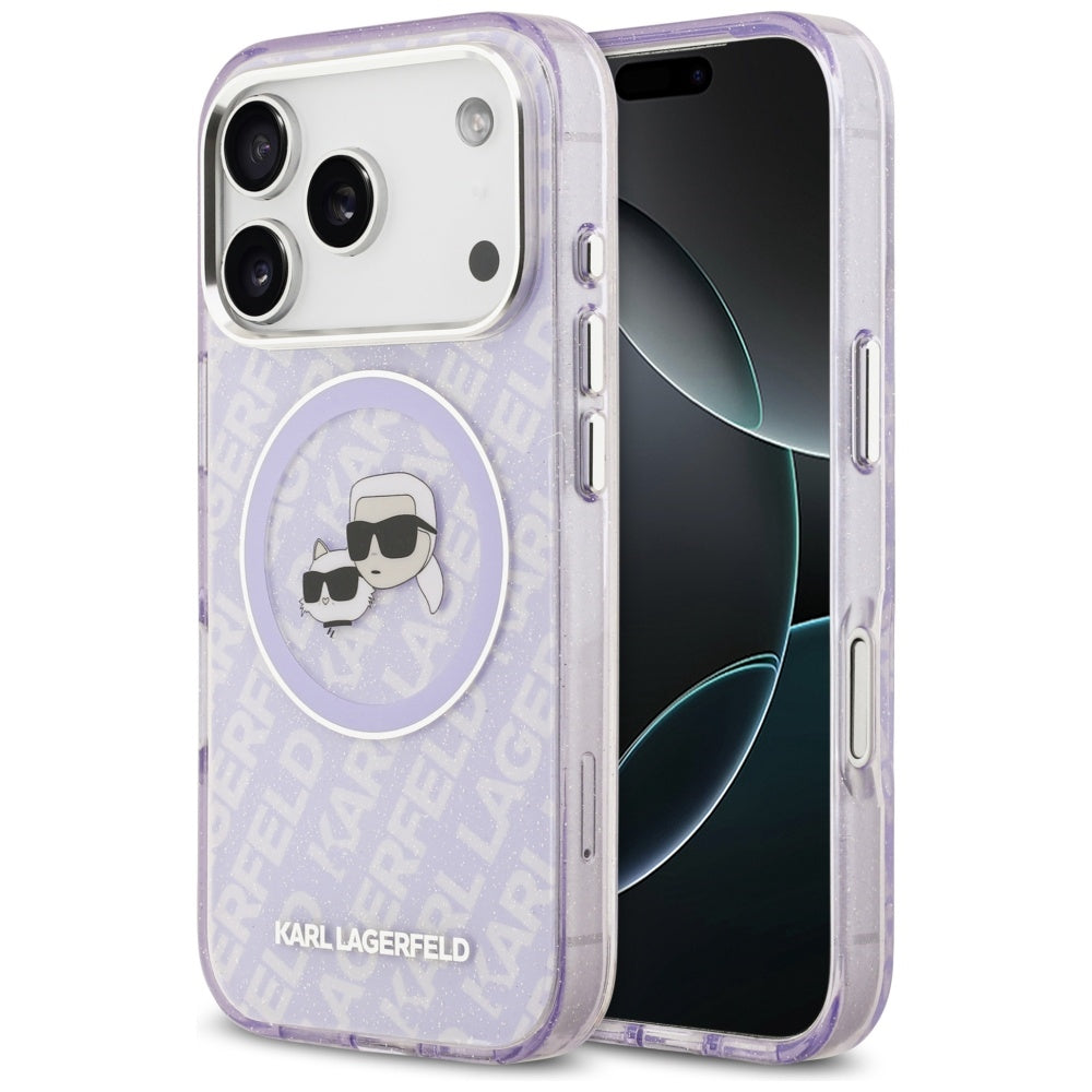 Pouzdro MagSafe pro Apple iPhone 17 Pro Max, Karl Lagerfeld, IML Glitter Karl & Choupette`s Heads, Fialová