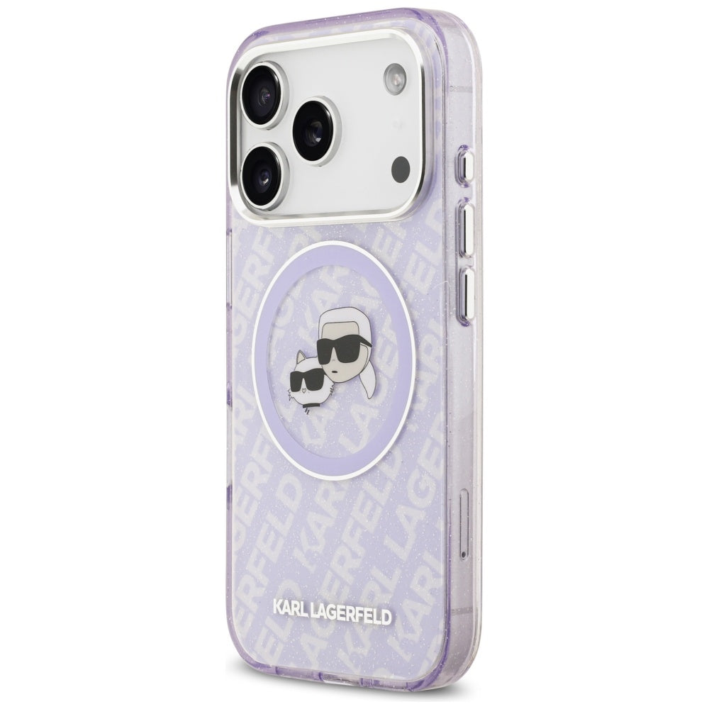 Pouzdro MagSafe pro Apple iPhone 17 Pro Max, Karl Lagerfeld, IML Glitter Karl & Choupette`s Heads, Fialová