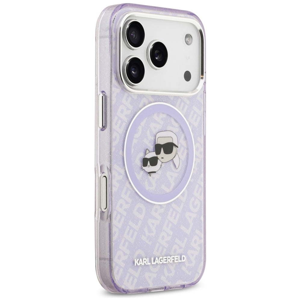 Pouzdro MagSafe pro Apple iPhone 17 Pro Max, Karl Lagerfeld, IML Glitter Karl & Choupette`s Heads, Fialová