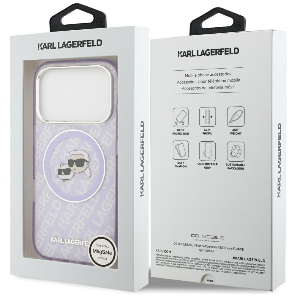 Pouzdro MagSafe pro Apple iPhone 17 Pro Max, Karl Lagerfeld, IML Glitter Karl & Choupette`s Heads, Fialová