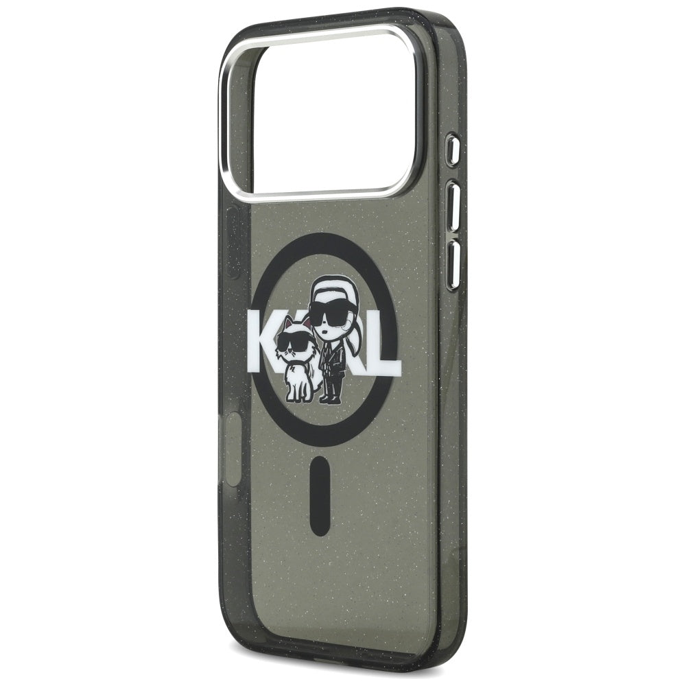 Pouzdro MagSafe pro Apple iPhone 17 Pro Max, Karl Lagerfeld, IML Sketch Logo Glitter Karl & Choupette, Černá.