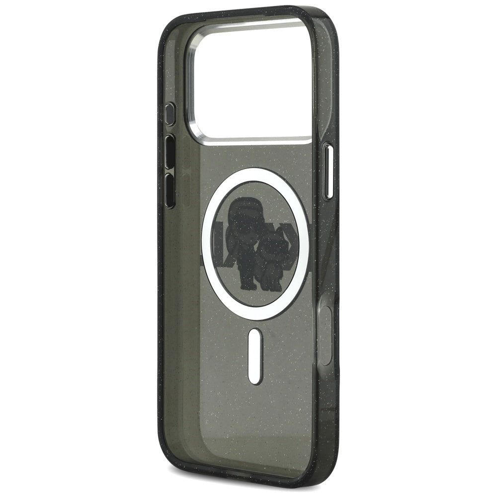 Pouzdro MagSafe pro Apple iPhone 17 Pro Max, Karl Lagerfeld, IML Sketch Logo Glitter Karl & Choupette, Černá.