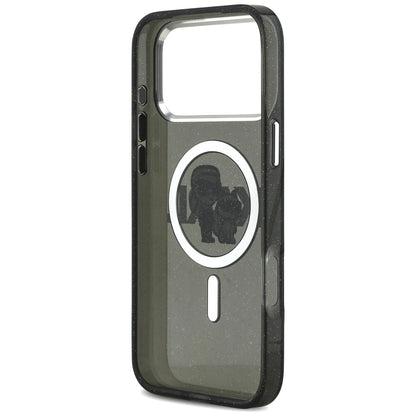 Pouzdro MagSafe pro Apple iPhone 17 Pro Max, Karl Lagerfeld, IML Sketch Logo Glitter Karl & Choupette, Černá.