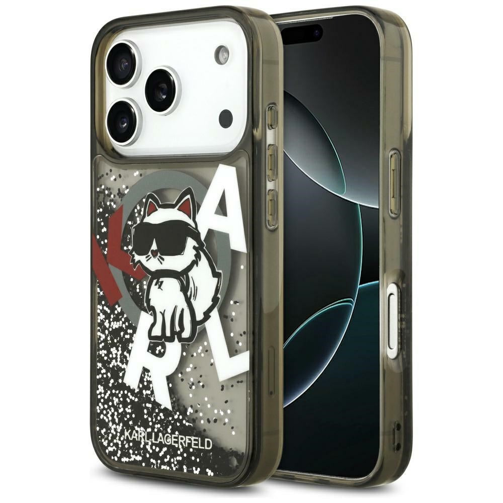 Pouzdro MagSafe pro Apple iPhone 17 Pro Max, Karl Lagerfeld, Liquid Glitter Logo Choupette, Černá