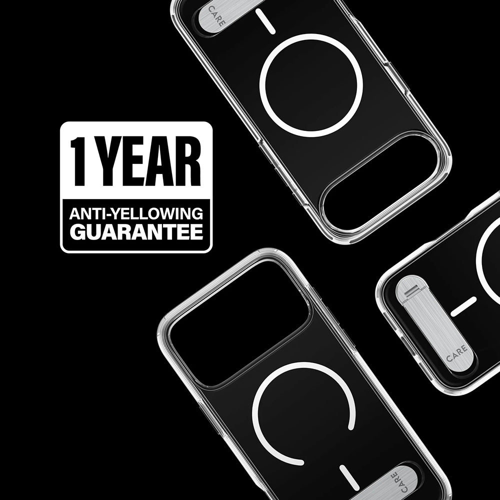 Pouzdro MagSafe pro Apple iPhone 17 Pro Max, PanzerGlass, s funkcí stojánku, průhledné bílé.