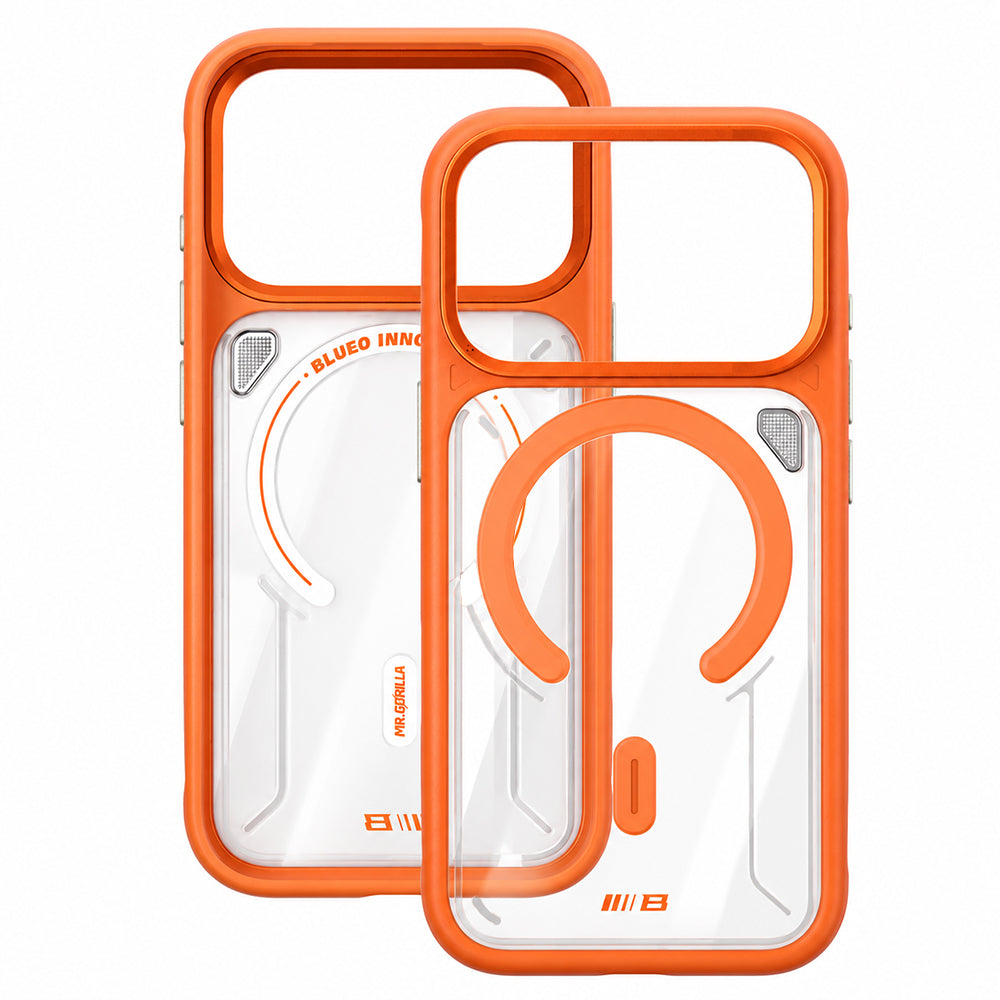 Pouzdro MagSafe pro Apple iPhone 18 Pro / 17 Pro, Blueo, stojánek pro odvod tepla, průhledné saténově oranžové