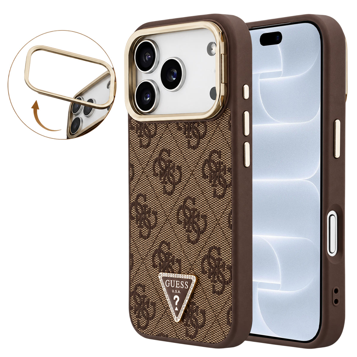 MagSafe Case for Apple iPhone 18 Pro / 17 Pro, Guess, 4G Triangle Logo & Camera Stand, Brown